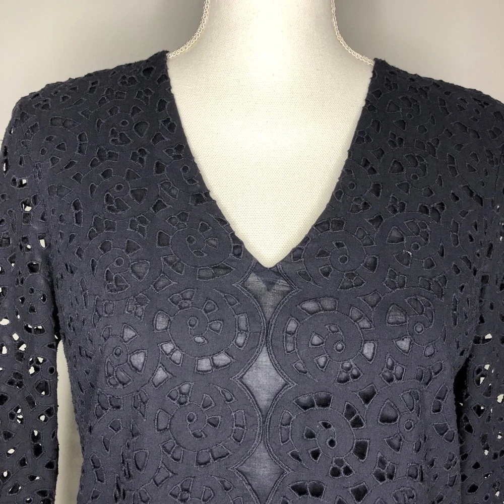 Tory Burch Broderie Detail 3/4 Sleeve Top in Navy Blue